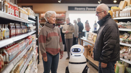 Senior couple interacts with a robot in a grocery store. Generative AI