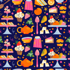 Seamless pattern afternoon tea stand food. Scones with jam, pie, cupcake, cakes and sandwich.  Tea time elements. Tea Party Invitation. Vector illustration isolated on background