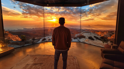Man watching sunset landscape screen indoors, evening. Generative AI