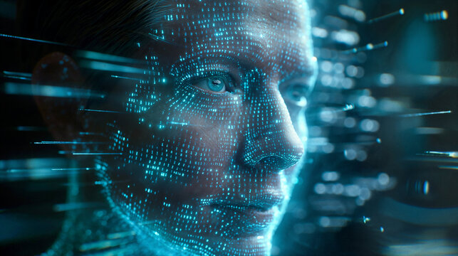 Close-up digital face with binary code representation of artificial intelligence. Generative AI image