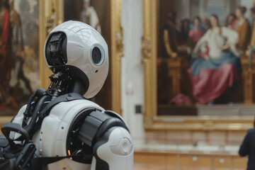 Fototapeta premium Robot admiring art in a classical gallery museum setting. Generative AI image