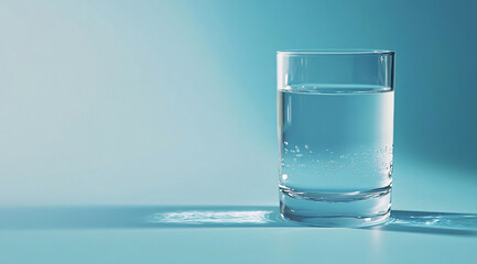 A glass with clean clear water and sharp shadows stands on a table. glass of water 
