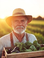 Fototapeta premium Senior Male Farmer with Straw Hat Holding Fresh Vegetables at Sunset