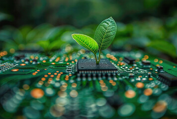 Green leaf growing on circuit board - symbol of green tech. Generative AI image