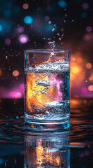 A glass with clean clear water and sharp shadows stands on a table. glass of water 
