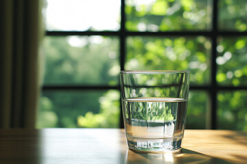 A glass with clean clear water and sharp shadows stands on a table. glass of water 

