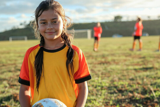 Young Girl Smiling with Soccer Ball on Field. Generative AI image
