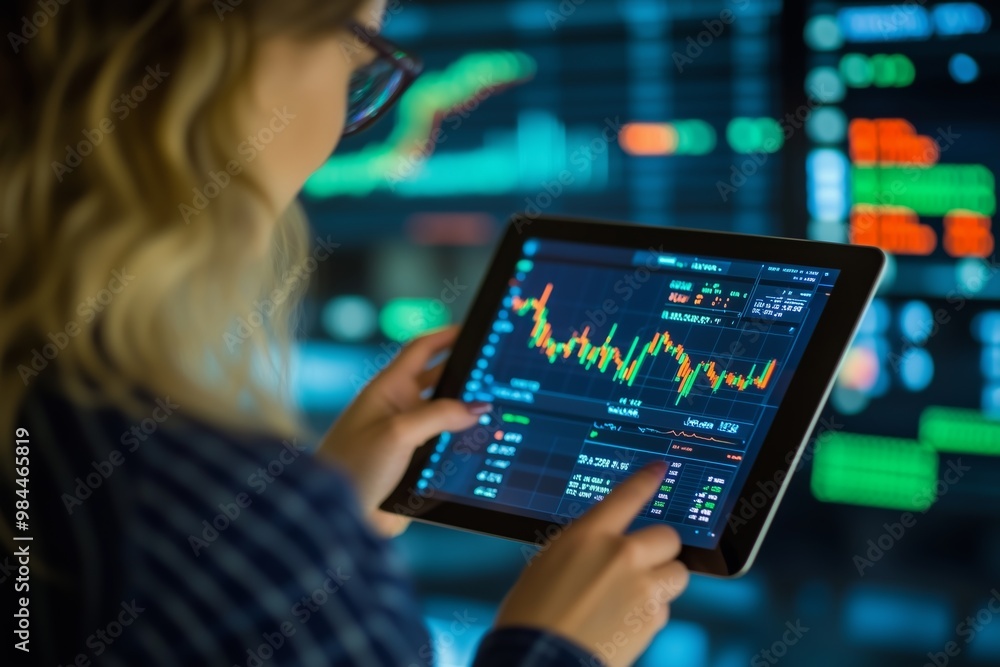 Poster a person analyzes stock market data on a tablet in a modern trading room using real-time charts and 