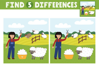 Fototapeta premium Find differences activity page for kids with a cute girl farmer and a sheep. Puzzle game with a farm character for developing attention and concentration skills. Vector illustration