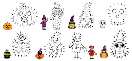 Fototapeta premium Halloween dot to dot games bundle. Connect the dots and draw cute Halloween characters. Educational activity pages set for kids. Vector illustration