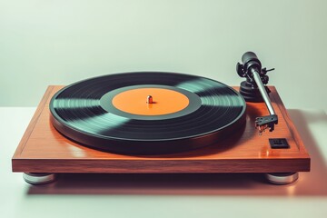 Fototapeta premium Close-up photograph of an orange-labeled vinyl record spinning on a classic wooden turntable, highlighting the retro appeal and rich textures of analog music devices.