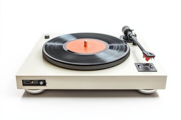 Fototapeta premium Crisp image of a white vintage turntable playing a vibrant vinyl record, exhibiting the charming contrasts and nostalgic feel of classic music playing devices.