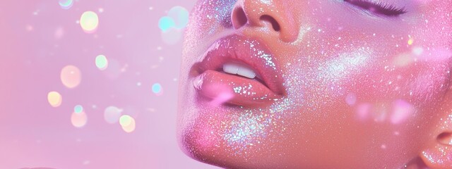 A smiling young African-American woman shows off her moisturized and glowing complexion studded with sequins and falling holographic rays of diamond rainbows.  Banner on a pink background