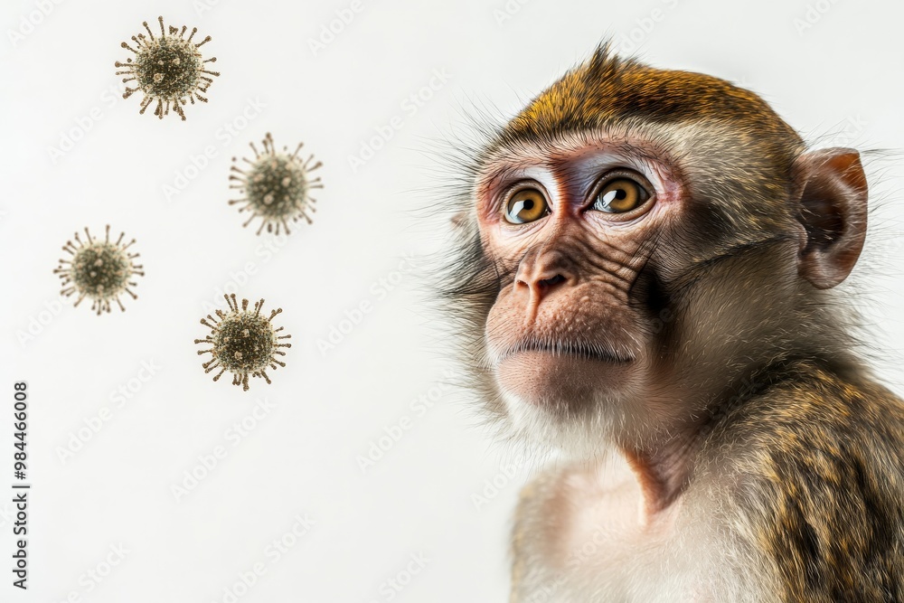 Poster an image of a monkey with a background featuring virus-like illustrations, representing the integrat