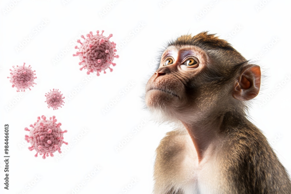 Poster a detailed close-up image of a monkey alongside stylized virus particles, representing a scientific 