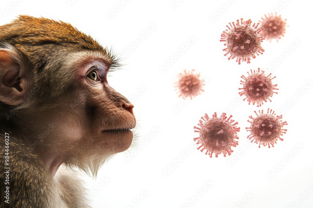 Poster a close-up image of a monkey looking at virus icons, underlining the relationship between primates a