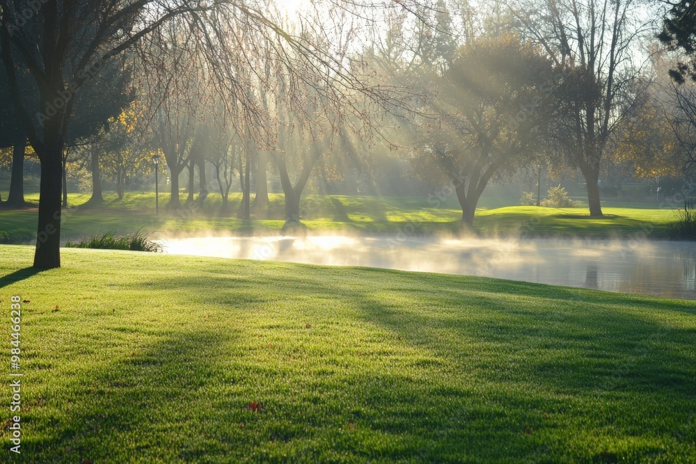 Poster early morning light filters through the mist in a tranquil park, highlighting the lush green grass a