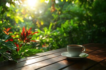 A serene coffee cup resting on a wooden table surrounded by lush greenery and sunlight.