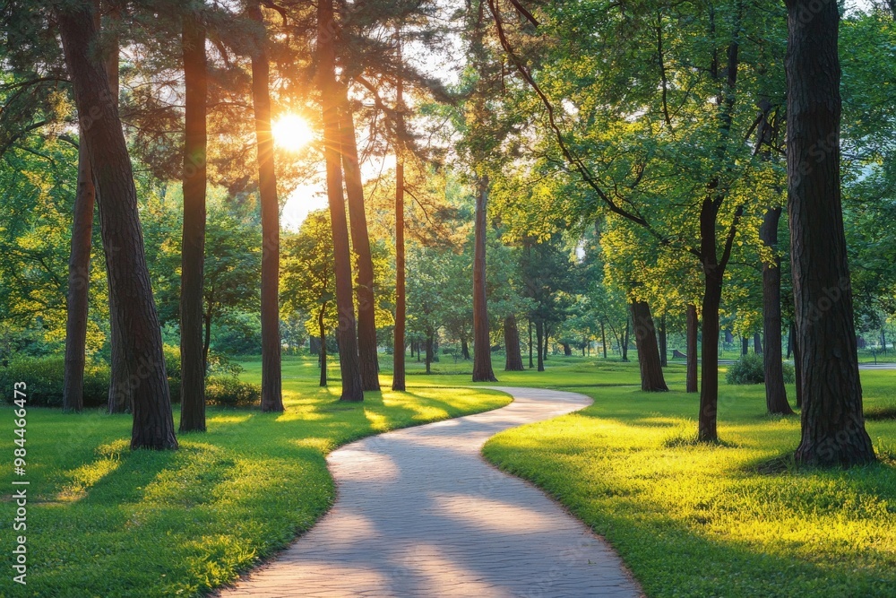 Poster a serene winding path through a forested park, illuminated by the gentle rays of the setting sun, sh
