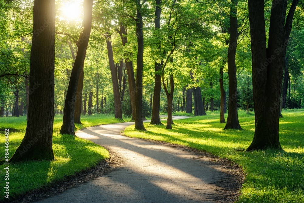 Aufkleber A picturesque forest path with dappled sunlight filtering through the trees, creating a serene and inviting environment for tranquil walks amidst lush greenery.