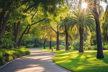 Obraz premium A picturesque park scene with sunlight filtering through tall trees, casting beautiful shadows on a winding path that invites peaceful walks and reflection.