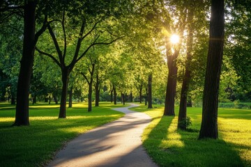 Obraz premium A sun-kissed trail winds through a lush green park, with sunlight filtering through the canopy of tall trees, creating a tranquil and inviting atmosphere for visitors.