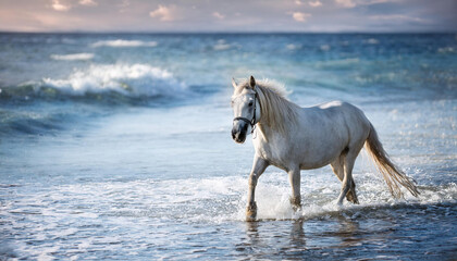 A herd of horses are walking and running on the seashore.