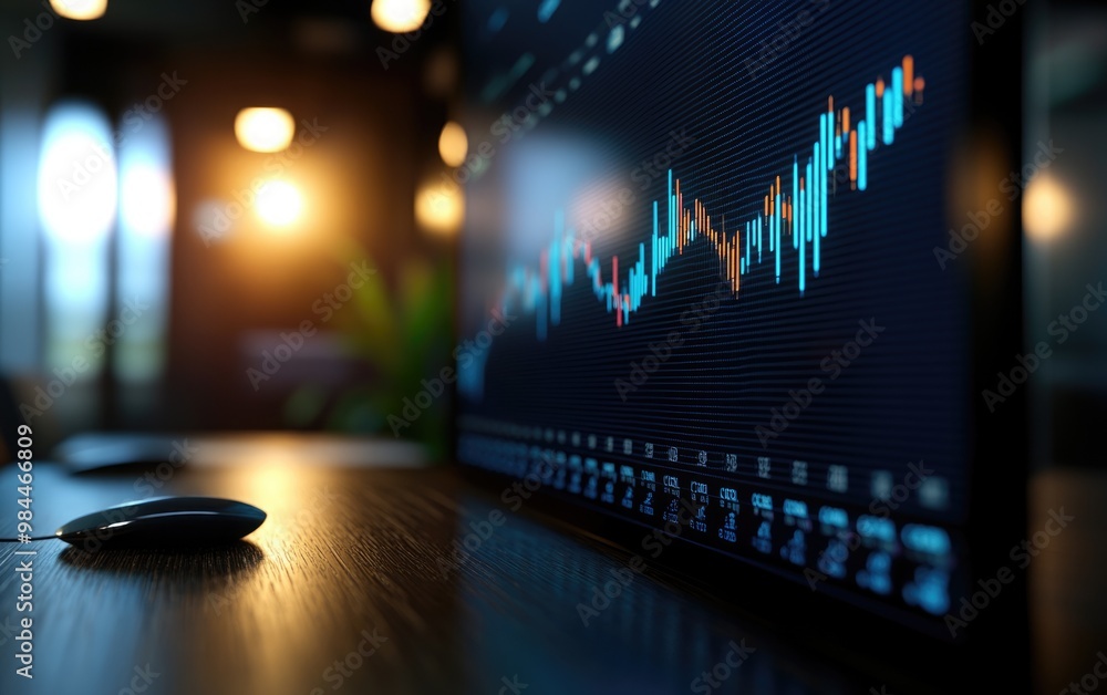 Poster close-up of a computer monitor displaying financial data, with a mouse on a wooden desk at a modern 