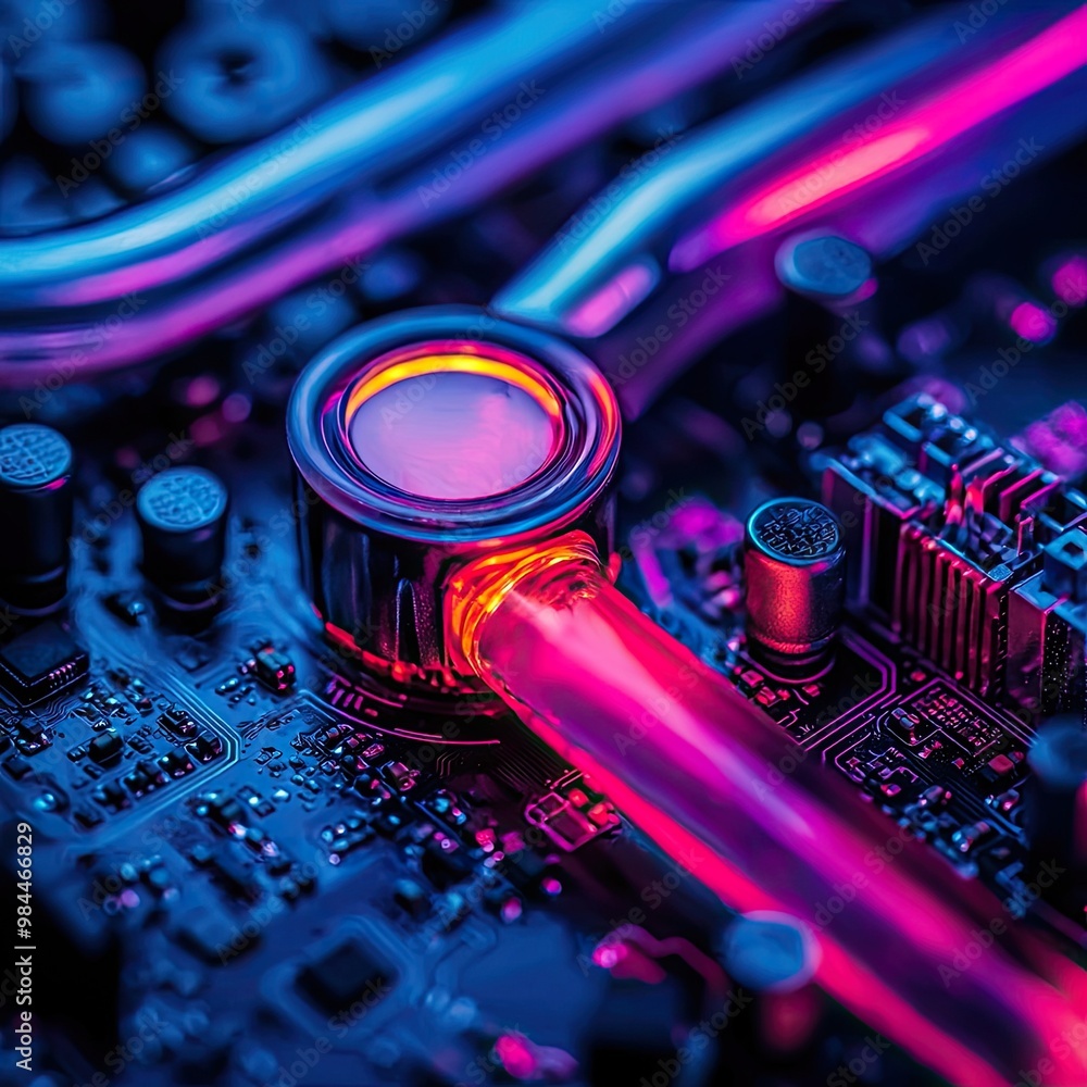Aufkleber close-up of a colorful circuit board with glowing components and intricate details.