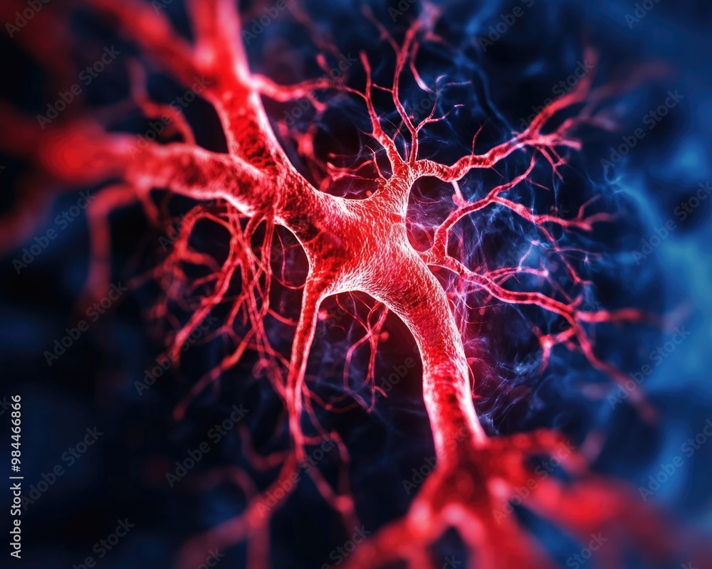 Aufkleber close-up view of a neuron structure, showcasing intricate details and vibrant colors.