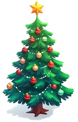 Decorated Green Christmas Tree with Red, Gold Balls and Garland Snowy Base