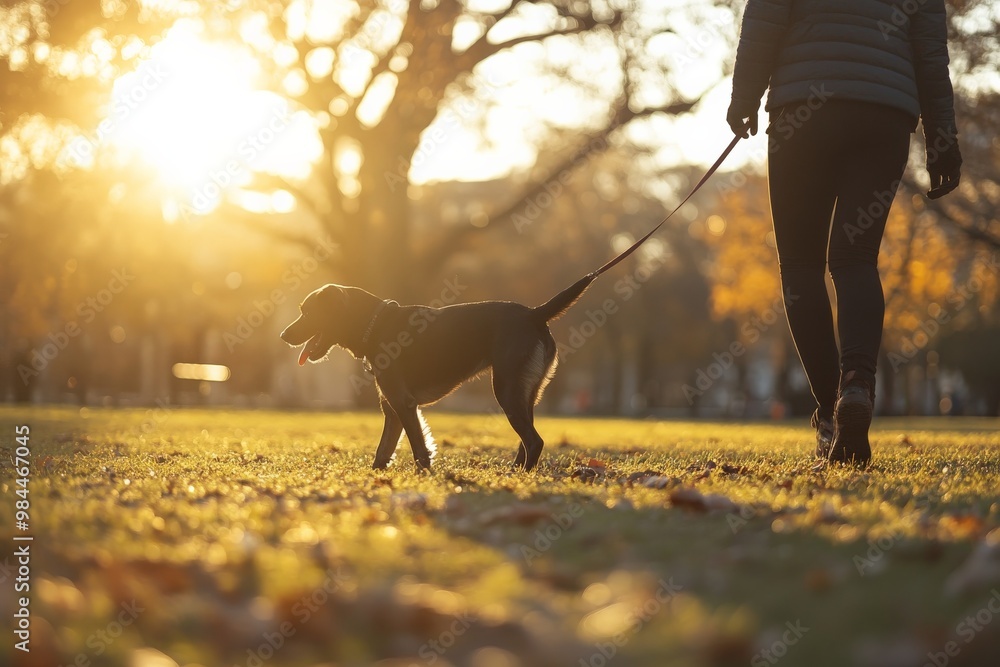 Aufkleber an individual walking a black dog on a leash across a sunny field with sunlight filtering through th