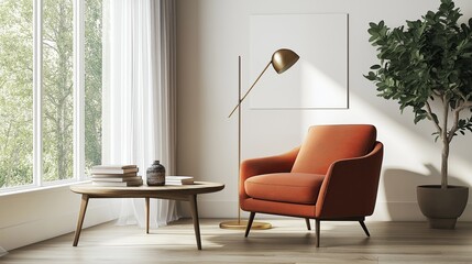 A sunlit living area features a vibrant orange armchair, a wooden coffee table with decor, and a backdrop of greenery outside the window
