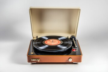 A classic vintage brown record player with a tan lid and a red vinyl disc, exuding a nostalgic feel with its retro aesthetic, ideal for lovers of timeless music of the past eras.