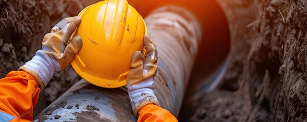 Construction worker inspecting a pipe with a yellow hard hat and gloves, ensuring safety and quality in an industrial setting.