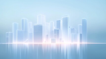 Obraz premium A light and airy background featuring urban skyline outlined in glowing white against a soft sky-blue backdrop. Use for presentation, slide show, slide for brochure, marketing, leaflet, advertising, 