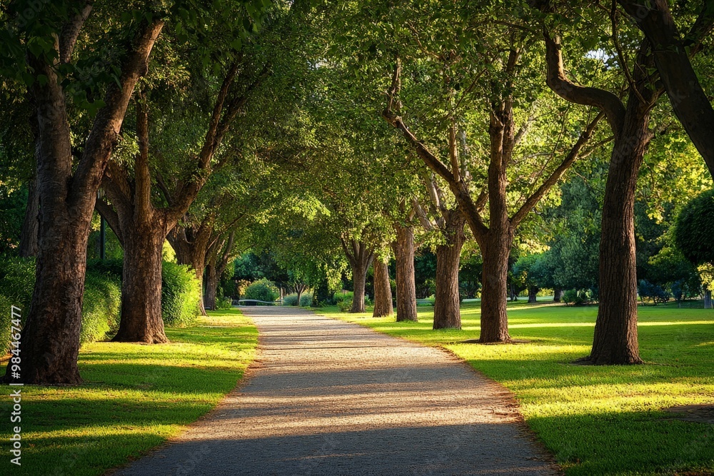 Poster A beautiful tree-lined path with lush green foliage and dappled sunlight shining through, creating a serene and inviting atmosphere for a peaceful walk or moment of reflection.