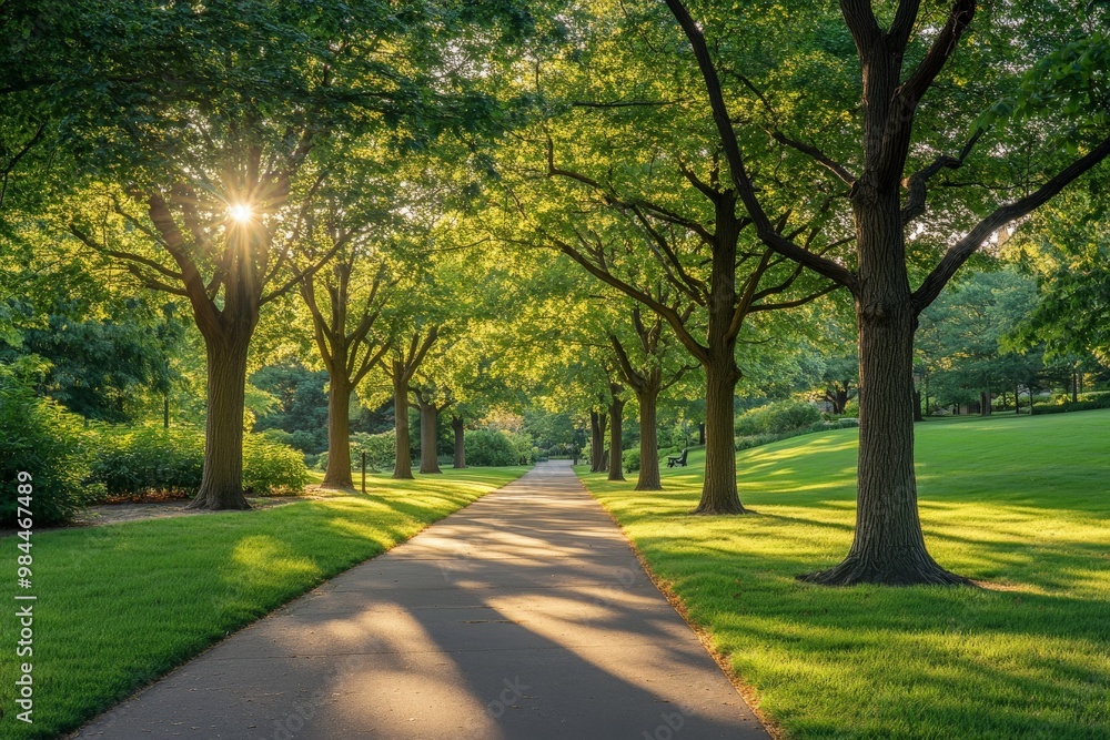 Poster a picturesque walking path with neatly lined trees and lush green surroundings under the warm rays o