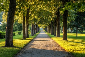 Obraz premium A gravel path in a park, lined with trees casting shadows during the golden hour. The sunlight filtering through the leaves creates an enchanting atmosphere.