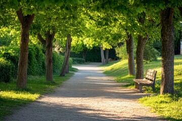Obraz premium A wide path in a park, bordered by benches and lush trees. The sunlight illuminates the area, making it an ideal spot for relaxation and enjoying nature's beauty.