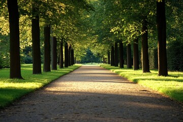 Obraz premium A tranquil, elongated avenue flanked by tall, green trees bathed in warm, golden sunlight creating a mesmerizing artistic perspective inviting serene walks and contemplative moments.