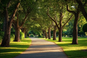 Obraz premium A beautiful tree-lined path with lush green foliage and dappled sunlight shining through, creating a serene and inviting atmosphere for a peaceful walk or moment of reflection.