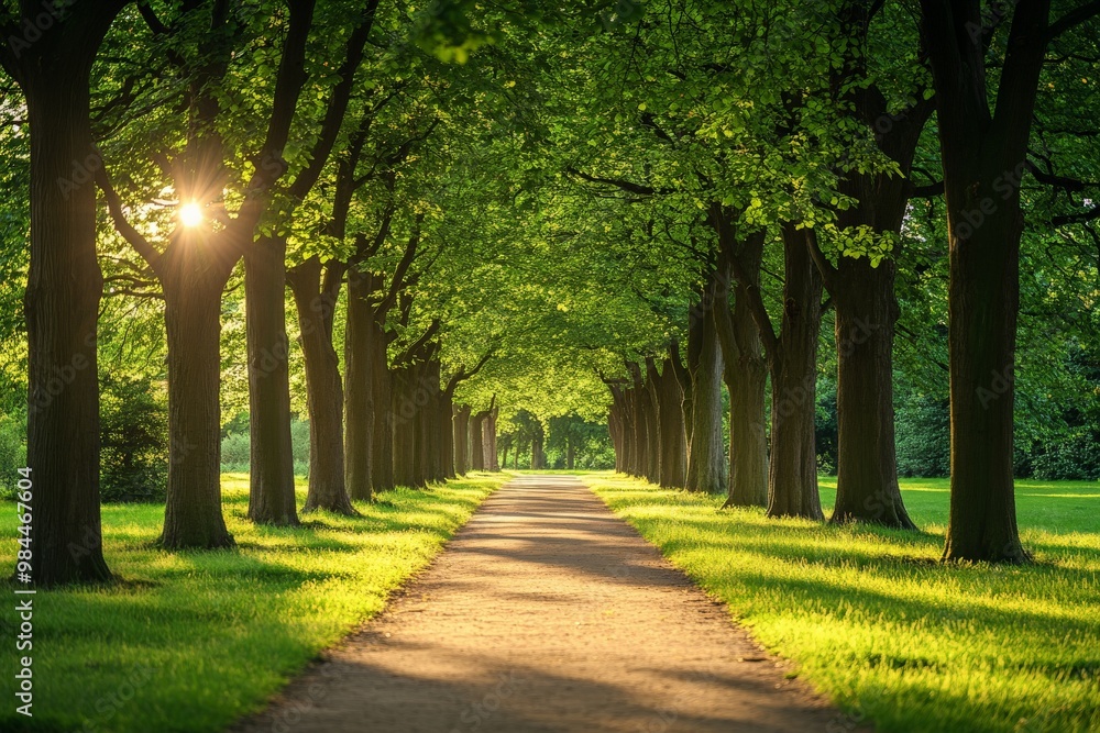 Poster A captivating image of the sun's rays beaming through trees that line a peaceful path, creating an ethereal light and shadow play, perfect for a tranquil and reflective walk.