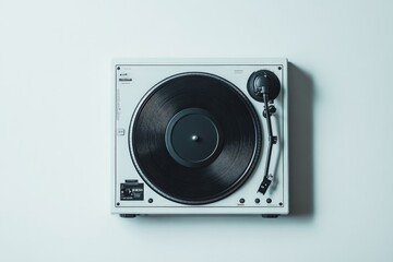 A vintage turntable displayed on a white background, showcasing an elegant and minimalist design,...