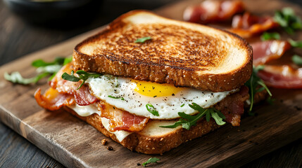 Delicious toasted breakfast sandwich with fried egg and bacon, perfect morning meal, savory and satisfying