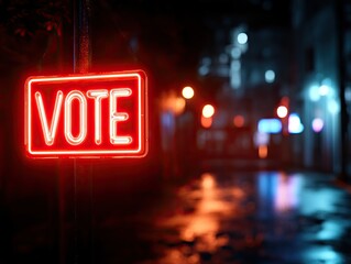 Illuminated red 'Vote' sign in a nighttime urban setting, reflecting a call to action for civic engagement.