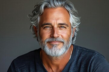 Obraz premium charismatic mature man with gray beard and hair genuine cheerful smile casual sweatshirt white background highlights friendly demeanor modern senior hipster vibe