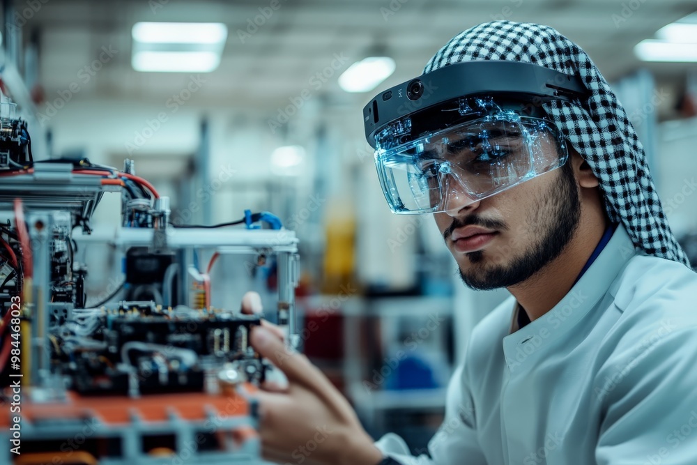 Poster an engineer wearing a lab coat and a traditional head scarf uses ar goggles to work on advanced elec