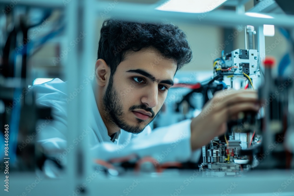 Aufkleber a technician, deeply focused, adjusting intricate equipment in a high-tech lab. wearing work attire,