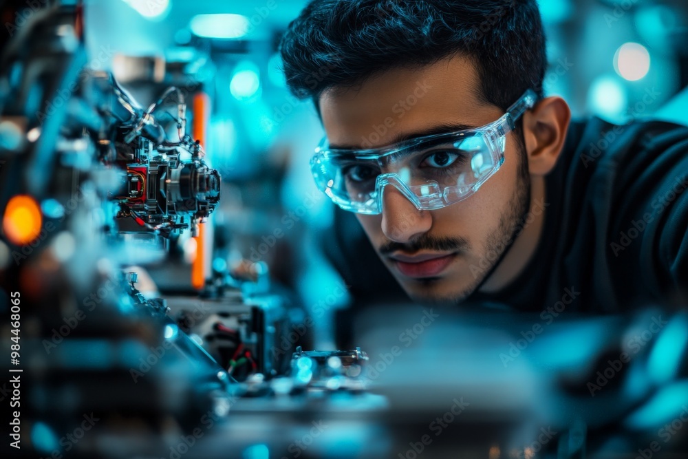 Poster A focused technician works in a technologically advanced lab, carefully inspecting and adjusting intricate machinery and electronic devices amidst a backdrop of blue lighting.